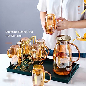 COMBO BỘ BÌNH ĐỰNG NƯỚC THỦY TINH CHỊU NHIỆT 6 CỐC MÀU VÀNG KÈM KHAY ĐỰNG GIÁ ÚP CỐC ( KHAY , GIÁ ÚP GIAO NGẪU NHIÊN ) - VD98