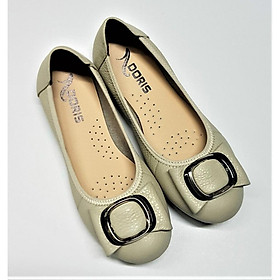 Giày búp bê nữ Doris ️️ Giày búp bê da thật mũi tròn gắn nơ kim loại màu đen DR006