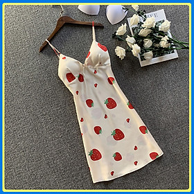 Q121 Váy ngủ lụa hai dây dâu tây kèm mút ngực sexy - Đầm ngủ lụa dâu tây gợi cảm - Váy ngủ