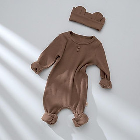 Bodysuit dài tay cotton trơn màu cho bé trai tặng kèm turban gấu xinh xắn, phong cách Hàn Quốc size 0 - 24 tháng