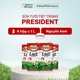 Combo 4 Hộp Sữa tươi tiệt trùng nguyên kem cao cấp President không đường | Hộp 1L - Nhập khẩu chính hãng từ Pháp