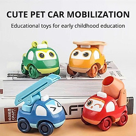 Set 4 ô tô quán tính mi ni dây cót hoạt hình mô tả xe công trình, xe kỹ thuật, xe thang, xe cứu hộ
