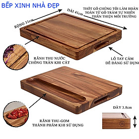 THỚT GỖ TRÀM TO VÀ DÀY, KT 43x33x3.8cm, CÓ RÃNH THU NƯỚC & GOM THÀNH PHẨM VÀ LỖ TAY CẦM 2 BÊN