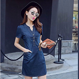 Đầm jean dây kéo trước phối túi eo form chữ A - TP1631