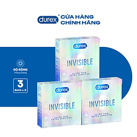 Bộ 3 hộp bao cao su Durex Invisible  Extra Thin Extra Sensitive siêu mỏng, size 52mm, 3 bao/hộp