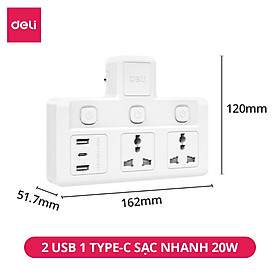 Ổ Cắm Chia Điện Deli, Ổ Cắm Điện Chữ T Công Suất 2500W Tích Hợp Cổng USB &TypeC Sạc Nhanh 20W