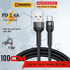 Mua Cáp Sạc Nhanh Cổng Type C Remax RC-124a Thân Bọc Nylon Siêu Bền  Hỗ Trợ Sạc 2.4A cho Xiaomi Samsung Huawei M30 P40 Oppo Vivo - Hàng Chính Hãng Remax Bảo Hành 12 Tháng