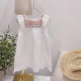 Đầm Trắng Cổ Vuông Thêu Phong cách Hàn Quốc cho bé gái (11-25kg)
