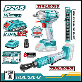 BỘ COMBO MÁY SIẾT BULOONG TIWLI2038 & TDRLI206015 DÙNG PIN 20V (2 pin 20V -2.0Ah + sạc) TOTAL TOSLI23043 - HÀNG CHÍNH HÃNG