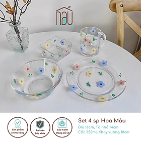Mua Bộ chén bát đĩa thuỷ tinh hoạ tiết hoa năm cánh nhã nhặn  sử dụng hàng ngày hoặc làm quà tặng - Nhà của Nâu