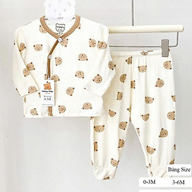 Bộ Quần Áo Sơ Sinh Dài Tay Thun Lạnh NỀN KEM VIỀN NÂU Mềm, Mát, Có Đáp Đũng Mặc Tã Thoải Mái - Gấu Nâu