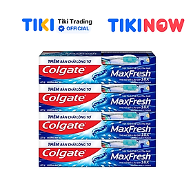 Bộ 4 Kem đánh răng Colgate bạc hà the mát Maxfresh 225g/tuýp tặng bàn chải đánh răng lông mềm