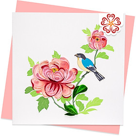 Chim xanh đầu trên cành hoa mẫu đơn - Thiệp giấy xoắn 15 x 15 cm