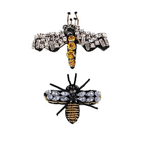2 Pieces Fashion Rhinestone Beads Bee Dragonfly Embroidery Sew on Patches Applique Craft