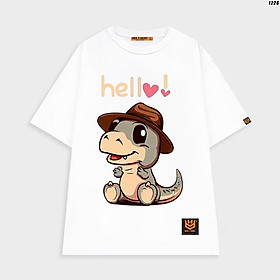 Áo thun tay lỡ áo phông trơn nam nữ unisex hình khủng long đội nón Hello vui nhộn