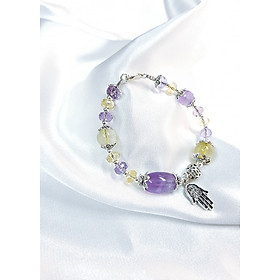 Vòng tay mệnh thổ, kim đá thạch anh tím mix đá citrine+ charm bàn tay Hamsa LAT.103