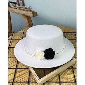 Nón cao bồi vành bằng mũ rộng vành nỉ dạ phối 2 hoa đen trắng đai ngọc trai nhân tạo thời trang Hàn Quốc Nón đi biển mũ vành nhỏ thoáng mát thời trang du lịch dã ngoại #mudibien #muphot #noncaoboi #nonrongvanh #noncaoboi