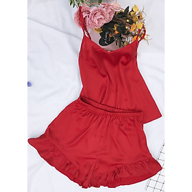 Bộ đồ ngủ nữ mặc nhà 2 dây lụa cao cấp mềm mại hàng thiết kế 4 màu hồng cam, đỏ, xanh ngọc, xan coban N248