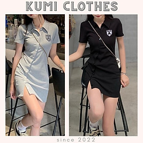 Đầm Polo Body Cúc Lệch Thêu Logo Gấu Xẻ Vạt 2 Màu