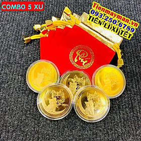 Full set 05 xu con Mèo + túi gấm đỏ chữ PHÚC , quà tặng ý nghĩa, phong thuỷ, Tiền lì xì tết 2023 , NELI