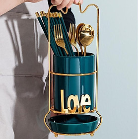 Mua Ống đựng đũa chất liệu sứ khung hợp kim cao cấp | HŨ SỨ CÓ KHAY HỨNG NƯỚC ĐỰNG ĐŨA KHUNG INOX TẠO HÌNH LOVE YOU