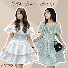 Đầm xòe gấm trễ vai bèo tầng siêu xinh