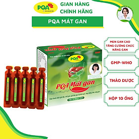 PQA Mát Gan hộp 10 ống gồm các thảo dược giúp thanh nhiệt giải độc, mát gan, giải độc gan, hạ men gan, tăng cường chức năng gan dùng trong các trường hợp suy giảm chức năng gan do uống nhiều thuốc tây, dùng nhiều bia rượu.