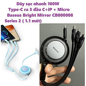 Cáp 3 đầu dây rút 100W Baseus Bright Mirror Series 2 One For Three CB000008 1.1m - Hàng chính hãng