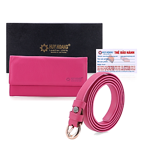 Bộ Ví nữ và Thắt lưng nữ Huy Hoàng da bò màu hồng HC3128-5132