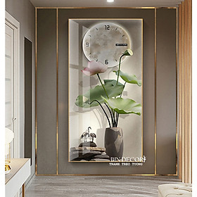 Tranh đồng hồ tráng gương bình hoa sen hồng trang trí decor quà tặng tân gia