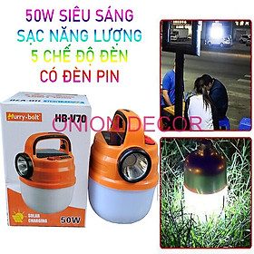 Bóng Đèn Tích Điện V70 50W Siêu Sáng Tích Hợp Đèn Pin Có Sạc Năng Lượng Mặt Trời, Đèn led đa năng đi vườn, cắm trại, picnic, đèn dự phòng khi cúp điện, đèn pin sạc USB