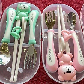 Set Dĩa Thìa Đũa inox Hàn Quốc Cao Cấp , ăn Dặm cho Bé, giúp Bé dễ cầm Nắm