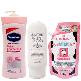 Combo Làm Trắng Dưỡng Thể VASELINE + Kem Dưỡng SNOW WHITE SECRET KEY + Muối Tẩy Tế Bào Chết A BONNE