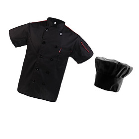 Fashion Men's Black Chef Jacket Chef Cap Set Hotel Kitchen Apparel Double-breasted Coat with Pen Pocket Waiter Uniform L Chef Hat