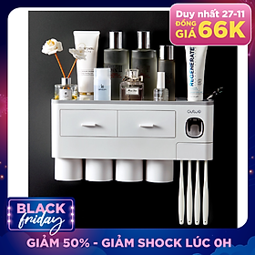 Hộp đựng bàn chải kem đánh răng nhà tắm tặng kèm 4 cốc-Kệ để đồ vệ sinh răng miệng dán tường (màu ngẫu nhiên)
