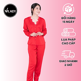 Đồ bộ pijama lụa, đồ mặc nhà nữ VILADY - B105 kiểu tay dài quần dài, hoạ tiết trơn phối viên ren quyến rũ, chất liệu lụa Pháp (lụa latin) cao cấp - Màu đỏ