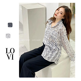 Áo sơ mi họa tiết chữ chất phi lụa in sang chảnh Lovi