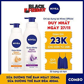 Bộ đôi Sữa Dưỡng Thể NIVEA Dưỡng Trắng Ban Ngày Giúp Phục Hồi & Chống Nắng SPF30 (350ml) - 88311 & Sữa Dưỡng Thể NIVEA Dưỡng Trắng Ban Đêm Giúp Phục Hồi & Săn Da (400ml) – 88126 - Tặng Áo Thun Hai Dây