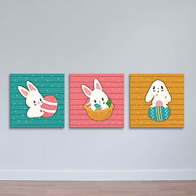 Bộ 3 Tranh Con Thỏ Và Quả Trứng - Tranh Phòng Trẻ Em Canvas Có Viền W1196