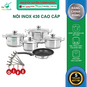 Mua Bộ Nồi Và Chảo Chống Dính Inox 430 Bếp Từ 3 Đáy 5 Món Nắp Kính Fivestar