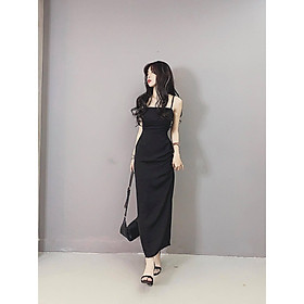 Đầm 2 Dây Maxi Nhún Lưng Xẻ Sau EMO (ĐEN)