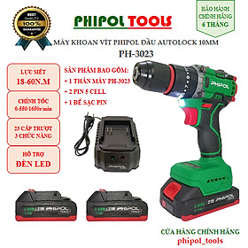 Combo Máy khoan vít đầu 10mm 21V động cơ không chổi than, có búa PHIPOL TOOLS PH3023 Kèm 2 pin và sạc - Hàng Chính Hãng