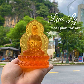 Tượng Phật Bà Quan Thế Âm Bồ Tát 2 mặt ngồi đài sen cầu bình an đá lưu ly - Cao 11cm