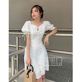 Đầm trắng midi tiểu thư cổ bèo cột nơ xinh xắn