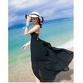 Đầm maxi voan 2s đan dây lưng xẻ tà  + Ảnh thật