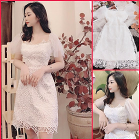 Đầm nữ thời trang dự tiệc cổ vuông chất vải ren hoa nổi cao cấp phối tay voan lưới cánh tiên màu trắng WHITE 17
