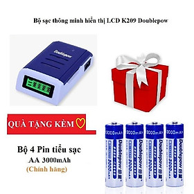 Combo Bộ Sạc nhanh Tự ngắt Tốc Độ Cao Màn Hình LCD Tặng 4 Pin AA 3000mAh Doublepow