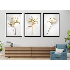 Bộ tranh 3 Bức - Tranh treo tường phòng khách- Tranh Hoa 3D Hiện Đại H60037 /Gỗ MDF cao cấp phủ kim sa/ Chống ẩm mốc, mối mọt/Bo viền góc tròn