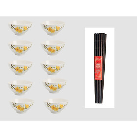 BỘ 10 BÁT CƠM BÁT SỨ CAO CẤP VÀ 10 ĐÔI ĐŨA ĐẸP ĐŨA SẠCH GỖ TRÂC