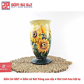 Lọ hoa gốm sứ vuốt tay dáng ly thấp vẽ hoa hướng dương – decor phòng khách